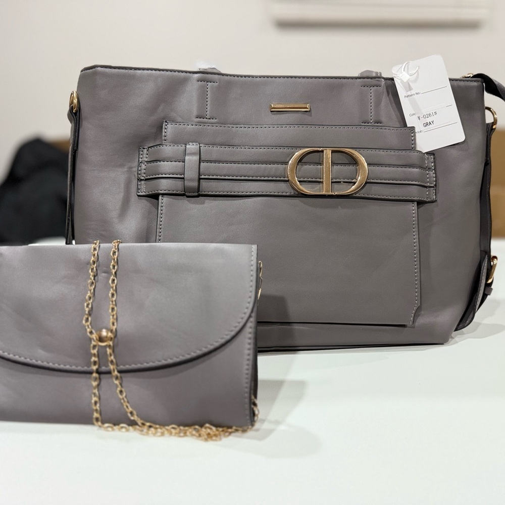 Gray Handbag & Matching Chain Clutch Set – Gold Accent, Elegant & Practical